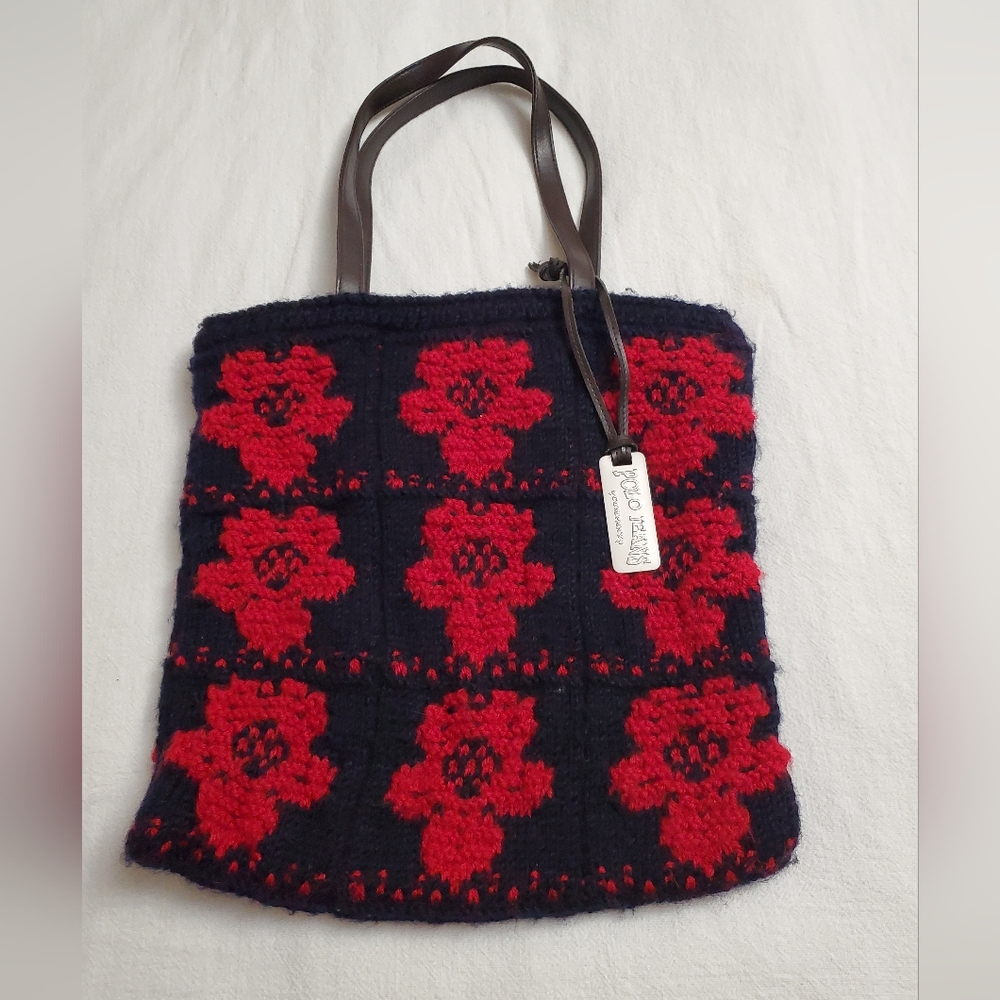 Vintage Y2K 90's Navy Blue & Red Crochet Floral Tote Bag Polo Jeans Boho Retro